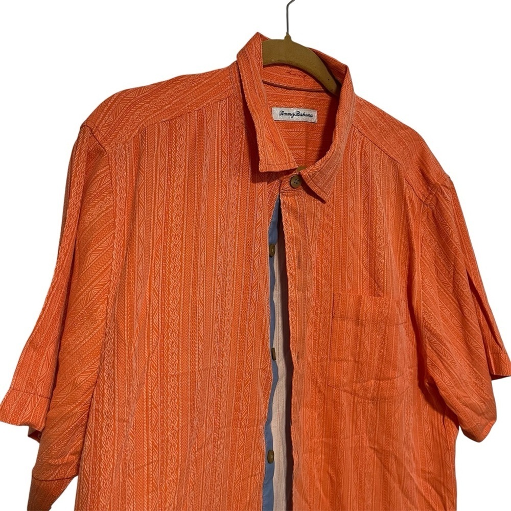 Tommy Bahama 100% Silk Orange Tropical Button Front Shirt Size Large Resort